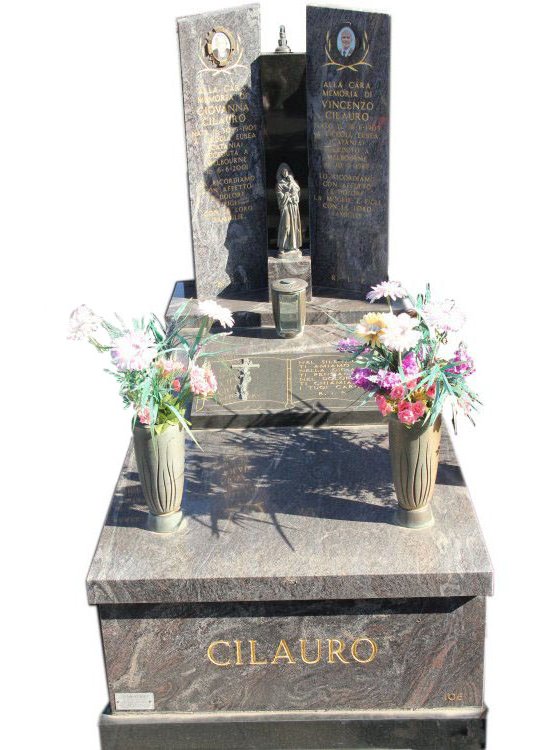 Gravestone and monument headsone in pardiso indian granite for Cilauro in Box Hill cemetery grave monuments.