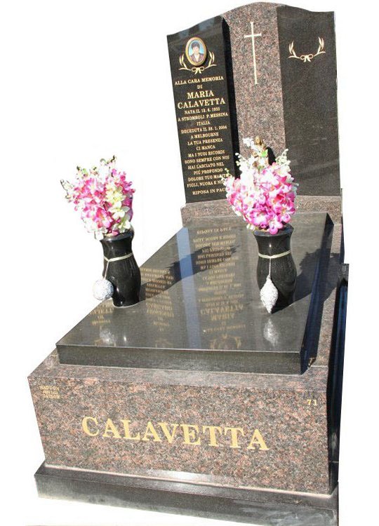 Gravestone and Monument Headstone in Maple Red and Royal Black Indian Granites for Calavetta in Box Hill Cemetery Grave Monuments.