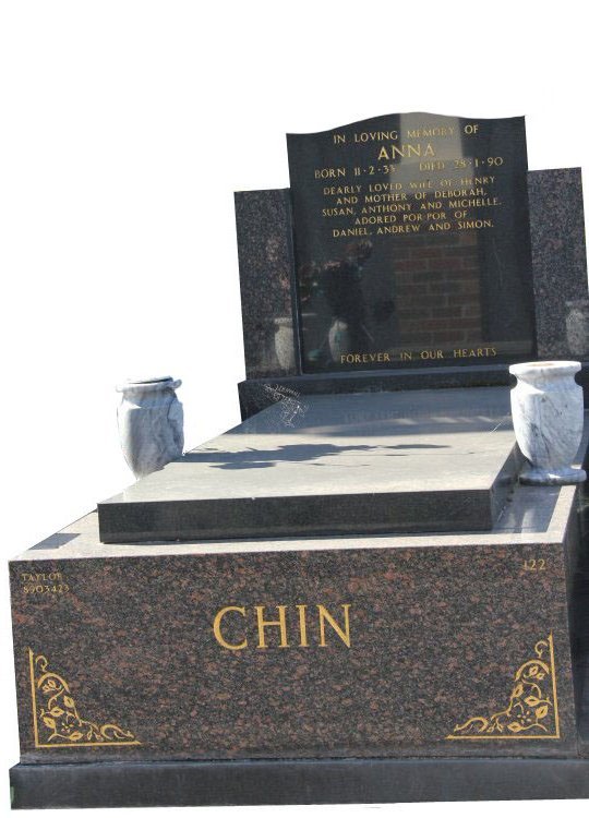 Gravestone and Monument Headstone in Maple Red and Royal Black Indian Granites for Anna Yat Ping Chin in Box Hill Cemetery Grave Monuments.