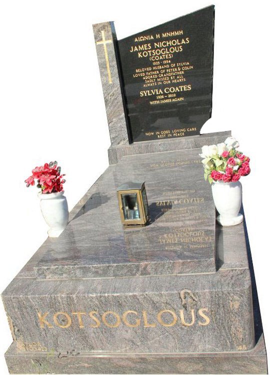 Gravestone and Monument Headstone in Paradiso and Royal Black Indian Granite for Kotsoglous in Box Hill Cemetery Grave Monuments.