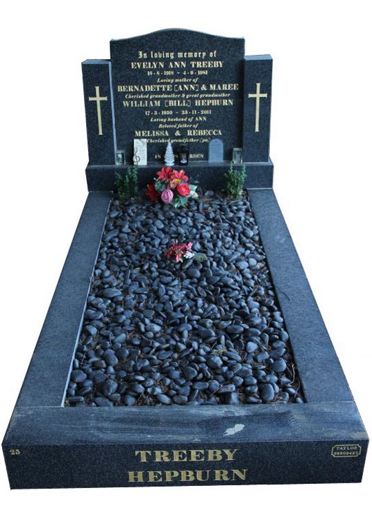 Gravestone and Monument Headstone in New Mahogany and Regal Black (Dark) Indian Granite for Hepburn in Box Hill Cemetery Grave Monuments.