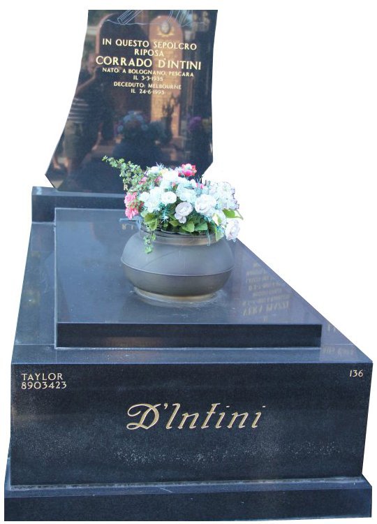 Gravestone and Monument Headstone in Royal Black Indian Granite for D'Intini in Box Hill Cemetery Grave Monuments.