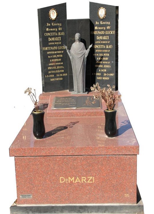 Gravestone and Monument Headstone in Ruby Red and Royal Black Indian Granites for DeMarzi in Box Hill Cemetery Grave Monuments.