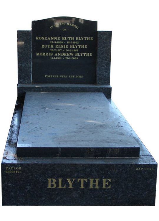 Gravestone and Monument Headstone in Sapphire Brown and Royal Black Indian Granites for Blythe in Box Hill Cemetery Grave Monuments.