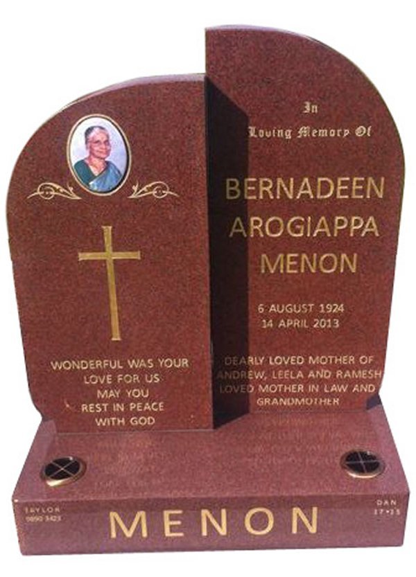 Cemetery Headstone In Sentinel Red Indian Granite For Menon At Lilydale Cemetery