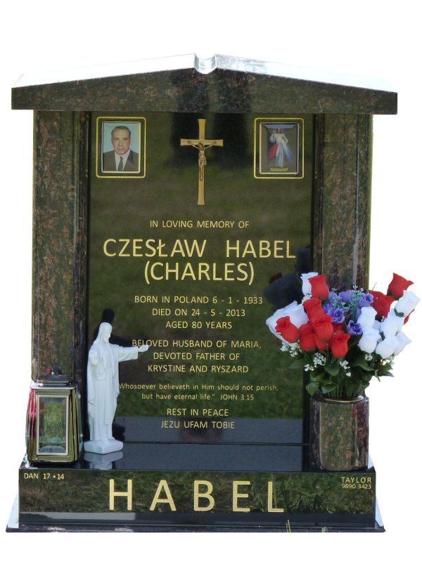 Cemetery Headstone In Tan Brown and Royal Black Indian Granite For Habel At Lilydale Cemetery