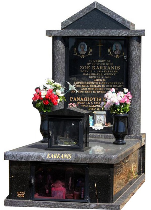 Granite Memorial and Full Monument Headstone in Bahama Blue and Black Galaxy Indian Granite for Karkanis at Burwood Cemetery