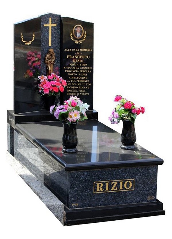 Granite Memorial and Full Monument Headstone in Blue Pearl and Royal BlackIndian Granite for Rizio at Burwood Cemetery