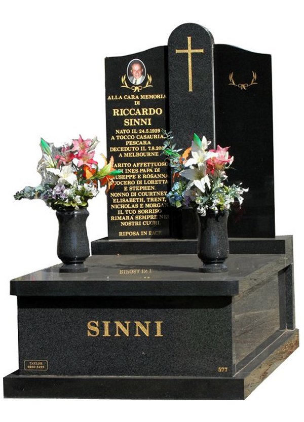 Granite Memorial and Full Monument Headstone in Regal Black (Dark) and Royal BlackIndian Granite for Sinni at Burwood Cemetery