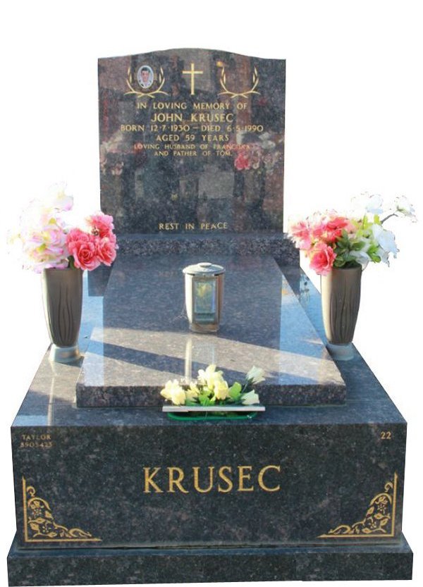 Granite Memorial and Full Monument Headstone in Sapphire Brown Indian Granite for John Krusec at Springvale Botanical Cemetery