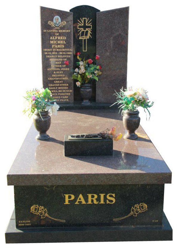 Granite Memorial and Full Monument Headstone in Silver Pearl Black and Paradiso Indian Granite for Paris at Springvale Botanical Cemetery