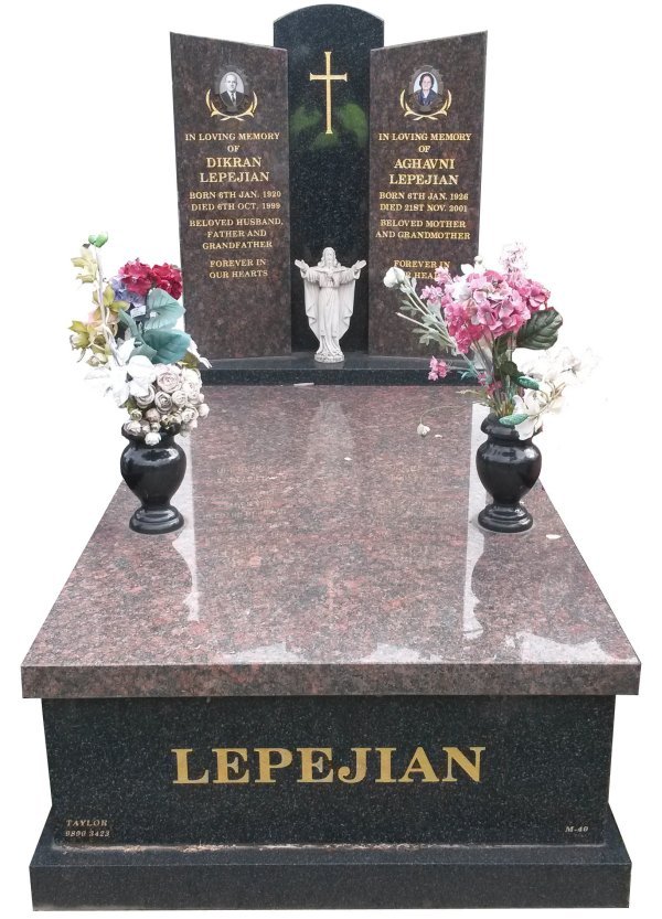 Granite Memorial Headstone In Maple Red and Regal Black (Dark) Indian Granite for Lepejian at Springvale