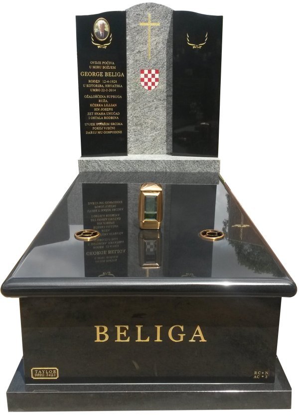 Granite Memorial Headstone In Oceanic Grey and BG Black Indian Granite for George Beliga at Springvale