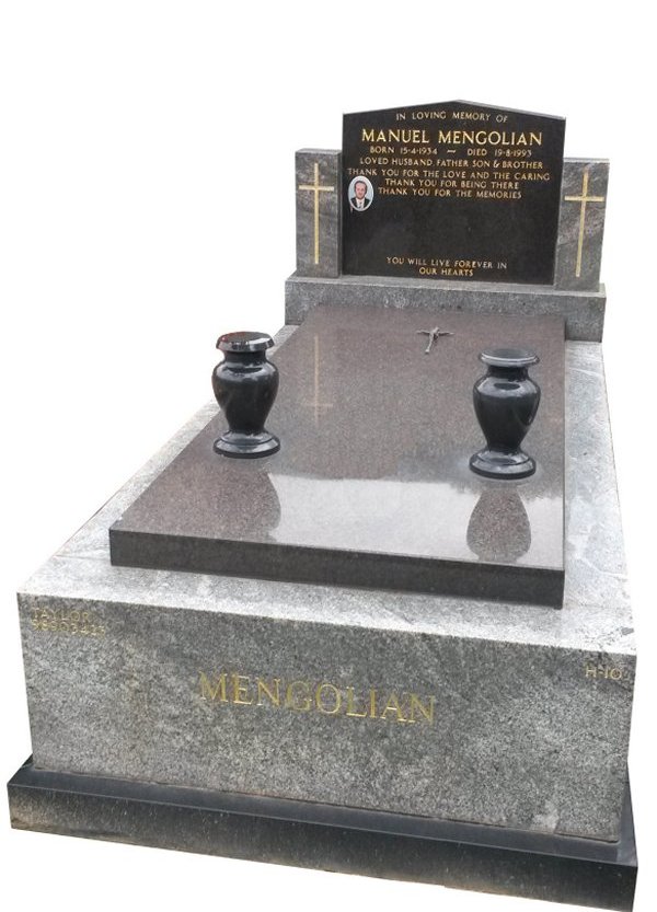 Granite Memorial Headstone In Oceanic Grey and BG Black Indian Granite for Ilyas and Sarah Mengolian at Springvale