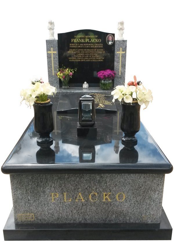 Granite Memorial Headstone In Oceanic Grey and BG Black Indian Granite for Frank Placko at Springvale.