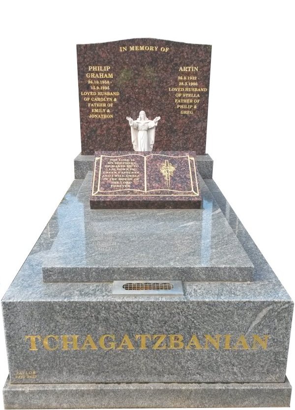 Granite Memorial Headstone In Oceanic Grey and Maple Red Indian Granite for Artin Haroutoun Tchagatzbanian at Springvale