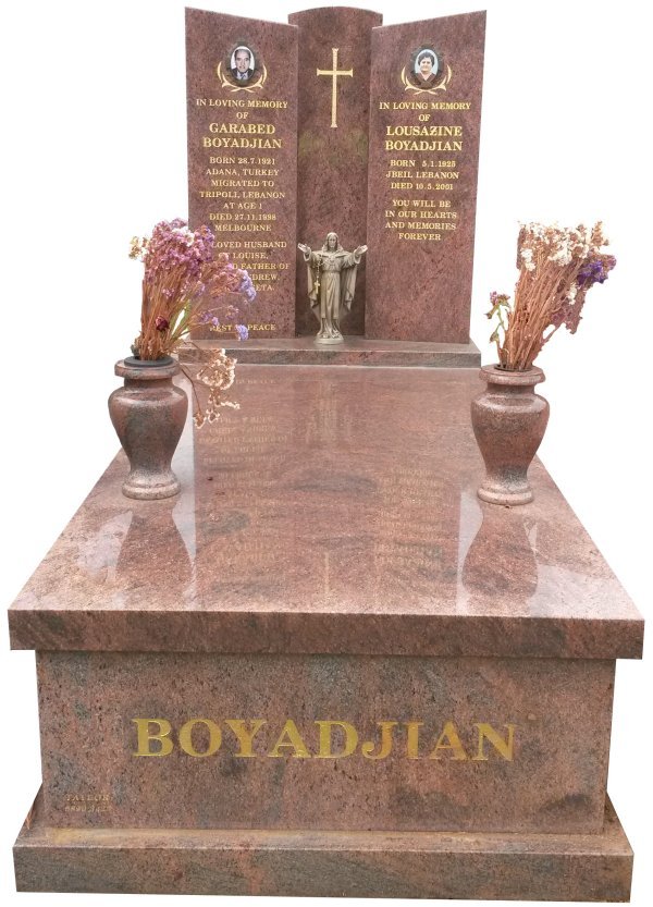 Granite Memorial Headstone In Red Multi Colour Indian Granite for Garabed and Lousazine Boyadjian at Springvale.