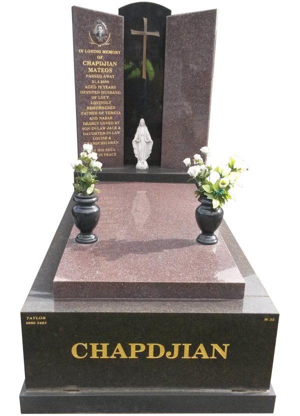 Granite Memorial Headstone In Silver Pearl Black and Rose Red Indian Granite for Chapdjian at Springvale.