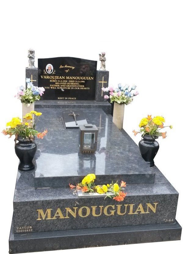 Granite Memorial Headstone In Steel Grey and BG Black Indian Granite for Varojean Manouguian at Springvale.