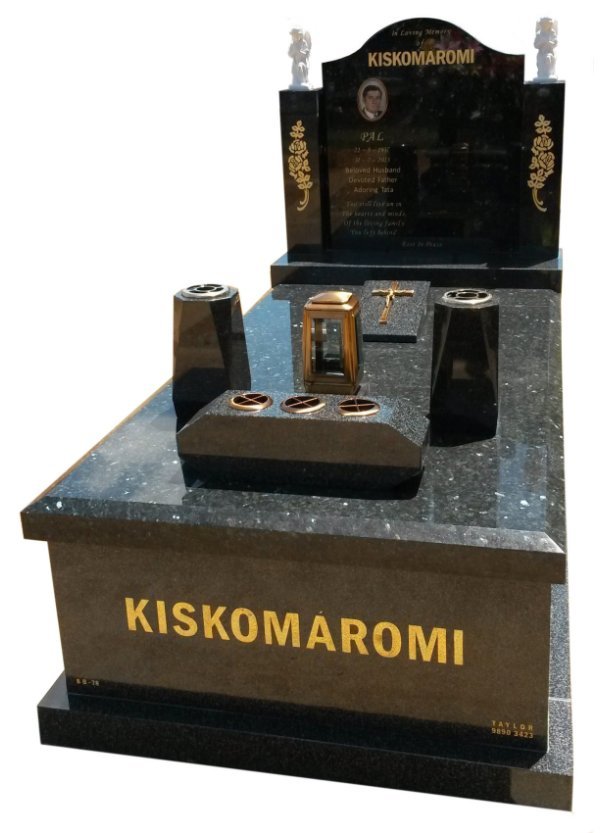 Granite memorial in Emerald Pearl and Regal Black (Dark) Indian Granite for Kiskomaromi at Springvale Botanical Cemetery