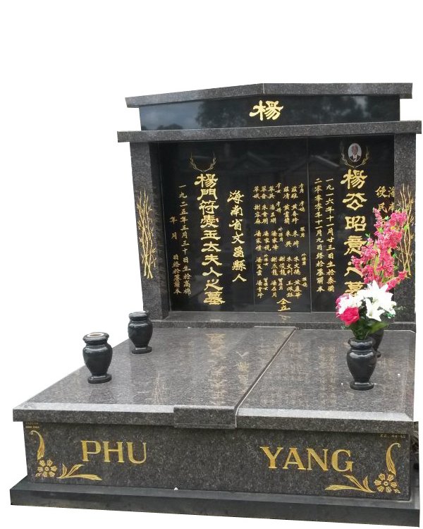 Granite Memorial in New Mahogany and Royal Black Indian Granite for Phu and Yang at Springvale Botanical Cemetery