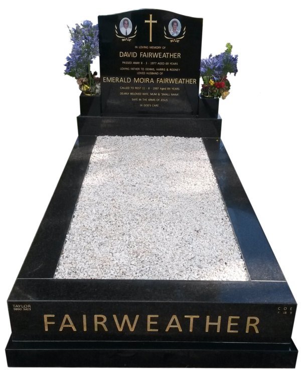 Granite memorial in Silver Pearl Black and B G Black Indian Granite for Fairweather at Springvale Botanical Cemetery