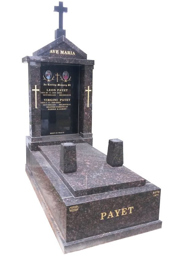 Granite Memorial in Tan Brown and Royal Black Indian Granite for Payet at Springvale Botanical Cemetery