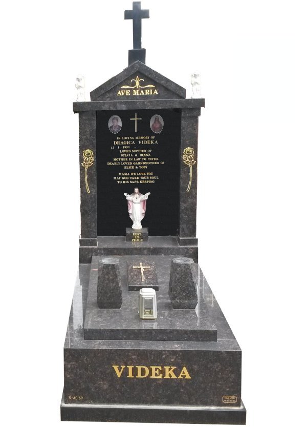 Granite Memorial in Tan Brown and Royal Black Indian Granite for Videka at Springvale Botanical Cemetery