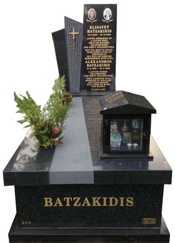 Granite Monument in Regal Black (Dark) and BG Black Indian Granite for Batzakidis at Springvale Botanical Cemetery