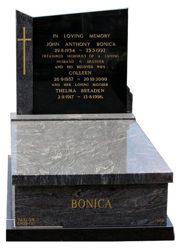 Gravestone Memorial and Full Monument Headstone in Paradiso and Royal Black Indian Granite for Bonica at Burwood Cemetery