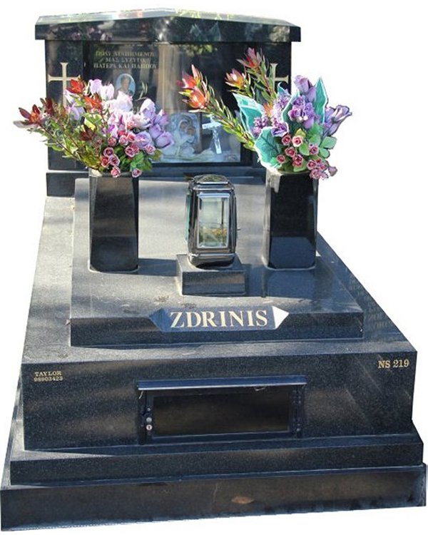 Gravestone Memorial and Full Monument Headstone in Regal Black (Dark) Indian Granite for Zdrinis at Box Hill Cemetery