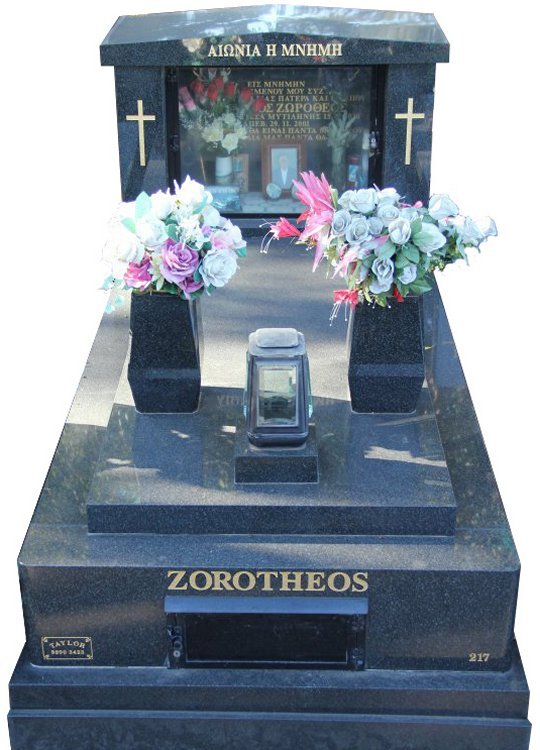Gravestone Memorial and Full Monument Headstone in Regal Black (Dark) Indian Granite for Zorotheos at Box Hill Cemetery