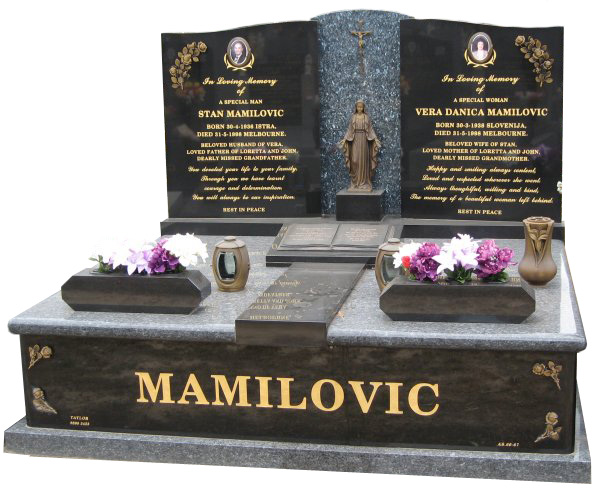 Headstone over Double Monument in Blue Pearl and B G Black Indian Granite for Mamilovic at Springvale Botanical Cemetery