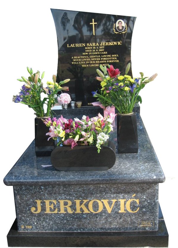 Memorial headstone over full monument in Blue Pearl and Royal Black for Lauren Sara Jerkovic at Werribee Cemetery.
