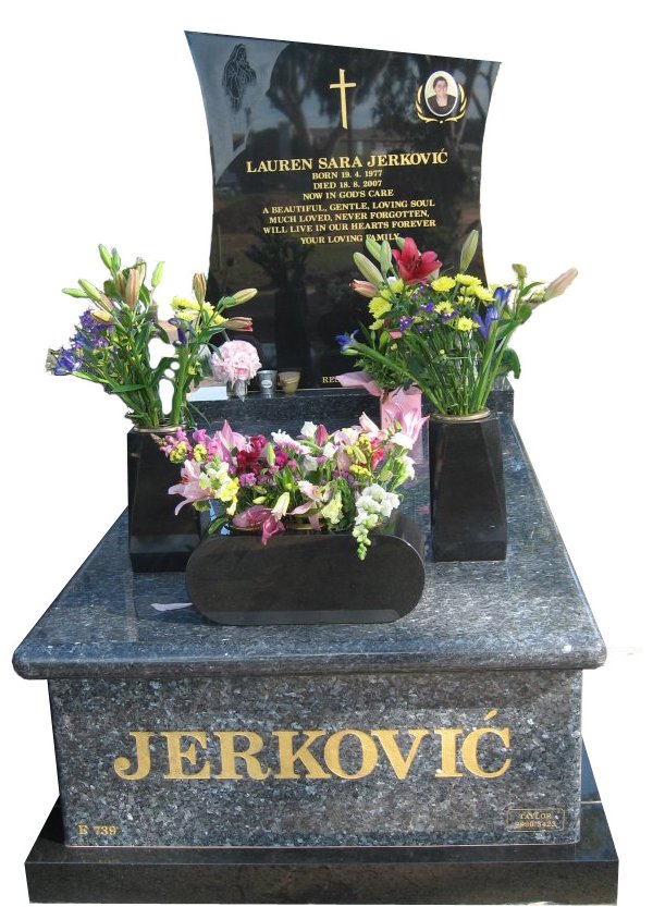 Memorial headstone over full monument in Bahama Blue and Royal Black for Bourne at Werribee Cemetery