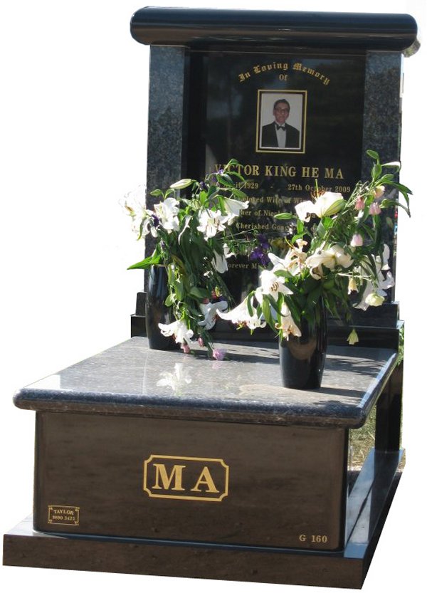 Memorial headstone over full monument in Blue Pearl and Royal Black for Victor King He Ma at Werribee Cemetery