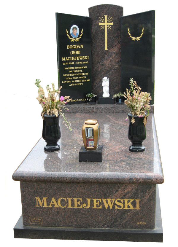 Memorial headstone over full monument in Dakota Mahogany and Royal Black for Maciejewski at Springvale Botanical Cemetery.