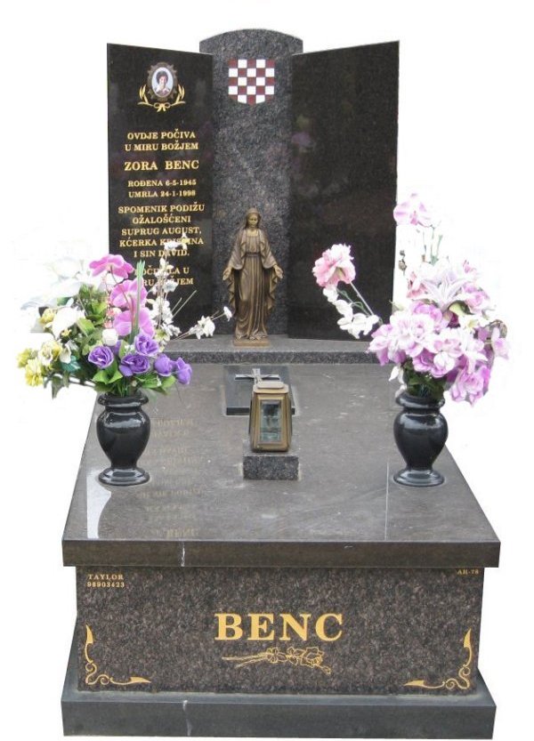 Memorial headstone over full monument in New Mahogany and Royal Black for Benc at Springvale Botanical Cemetery