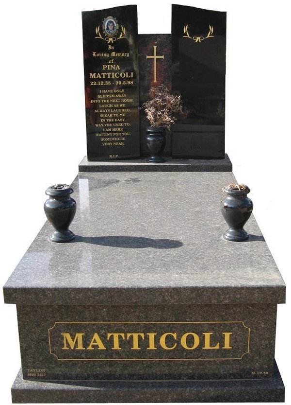 Memorial headstone over full monument in New Mahogany and Royal Black for Matticoli at Springvale Botanical Cemetery