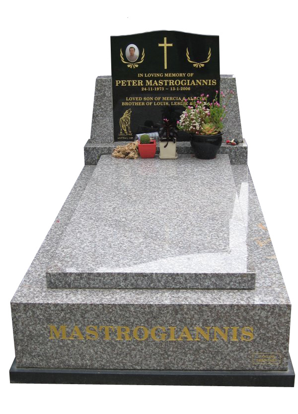 Memorial headstone over full monument in Oceanic Grey and Royal Black for Mastrogiannis at Springvale Botanical Cemetery.