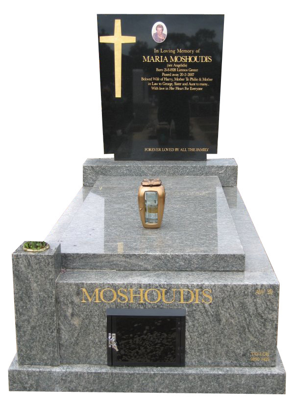 Memorial headstone over full monument in Oceanic Grey and Royal Black for Moshoudis at Springvale Botanical Cemetery.