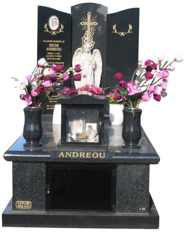 Memorial headstone over full monument in Regal Black (Dark) and Royal Black for Andreou at Springvale Botanical Cemetery.