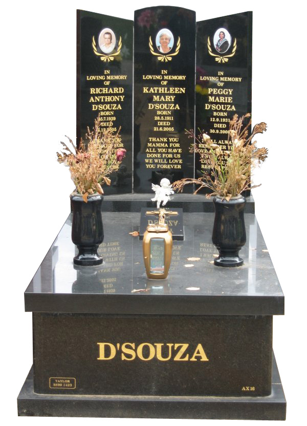 Memorial headstone over full monument in Regal Black (DarK) and Royal Black for D'Souza at Springvale Botanical Cemetery