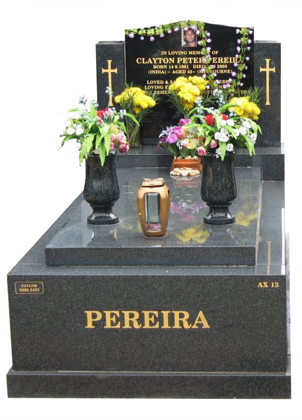Memorial headstone over full monument in Regal Black (Dark) and Royal Black for Pereira at Springvale Botanical Cemetery