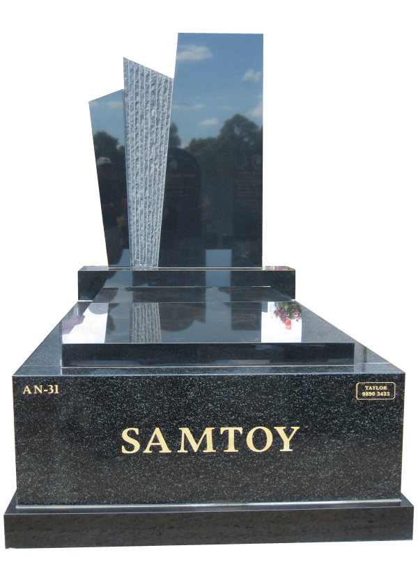 Memorial headstone over full monument in Regal Black (Dark) and Royal Black for Samtoy at Springvale Botanical Cemetery.