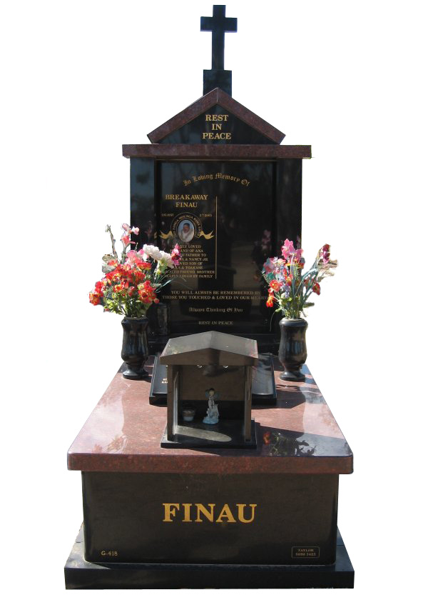 Memorial headstone over full monument in Bahama Blue and Royal Black for Bourne at Werribee Cemetery