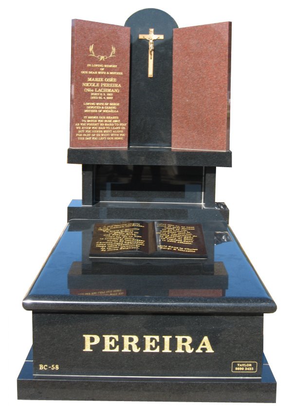 Memorial headstone over full monument in Ruby Red and Royal Black for Pereira at Springvale Botanical Cemetery.