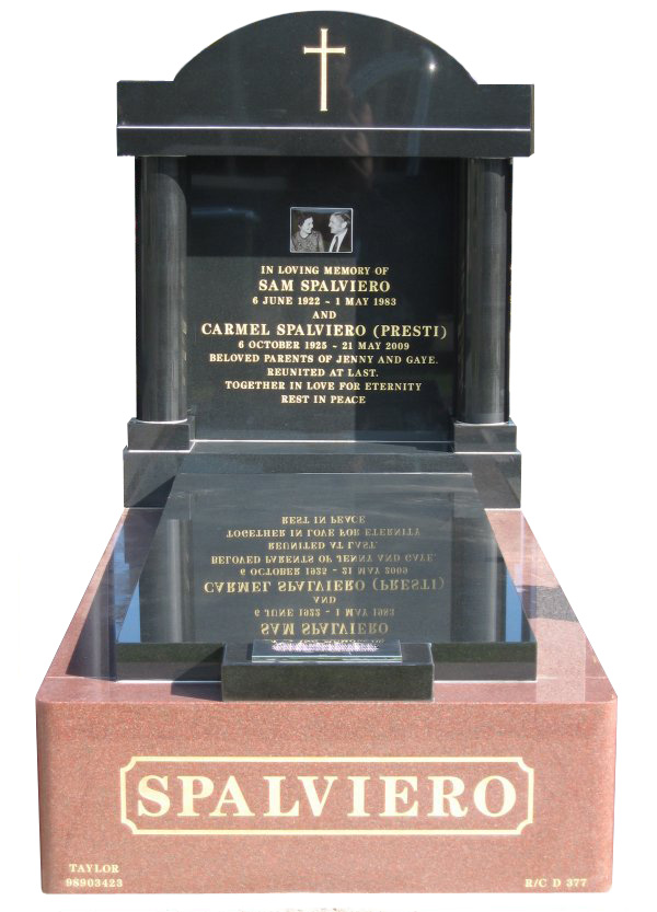 Memorial headstone over full monument in Bahaspalviero Blue and Royal Black for Bourne at Werribee Cemetery