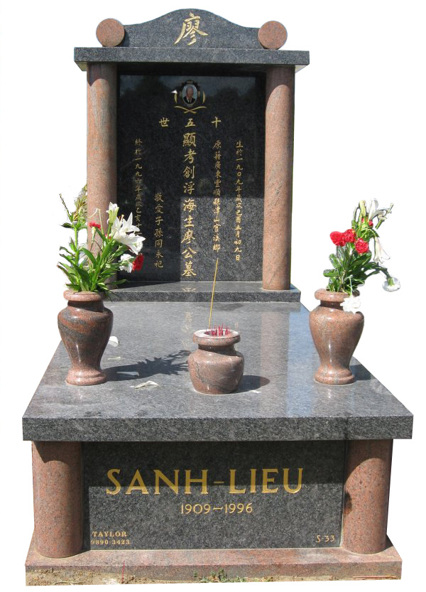 Memorial headstone over full monument in Steel Grey and Multicolour Red for Sanh-Lieu at Springvale Botanical Cemetery