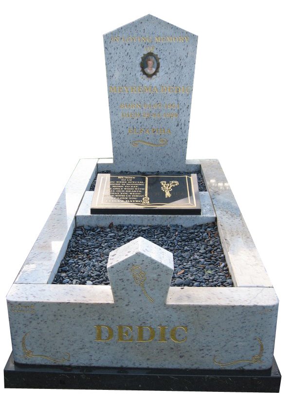 Memorial headstone over full monument in White Galaxy and Royal Black for Dedic at Springvale Botanical Cemetery.